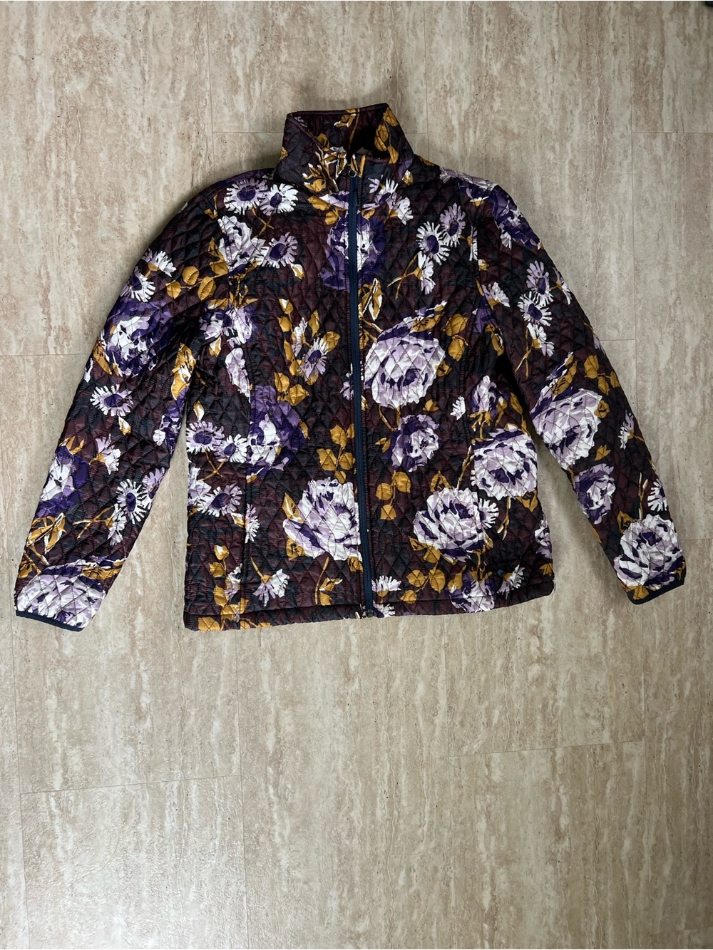 Lands' End Quilted Floral Puffer Jacket in Purple and Gold 10-12 Med